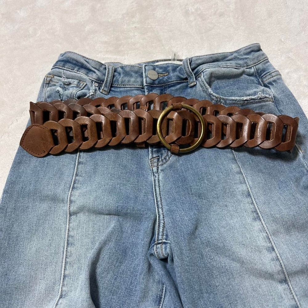 Mixit brown leather belt with gold circle buckle and interlocking chain design